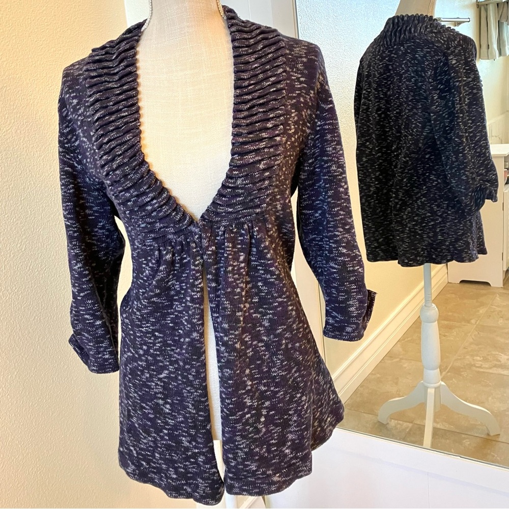 Purple, black and white  knit cardigan sweater with hook and eye closure